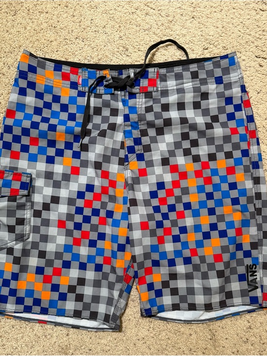 Vans Other - Vans Men’s Gray Checkerboard Swim Shorts with Blue, Red & Orange Accents